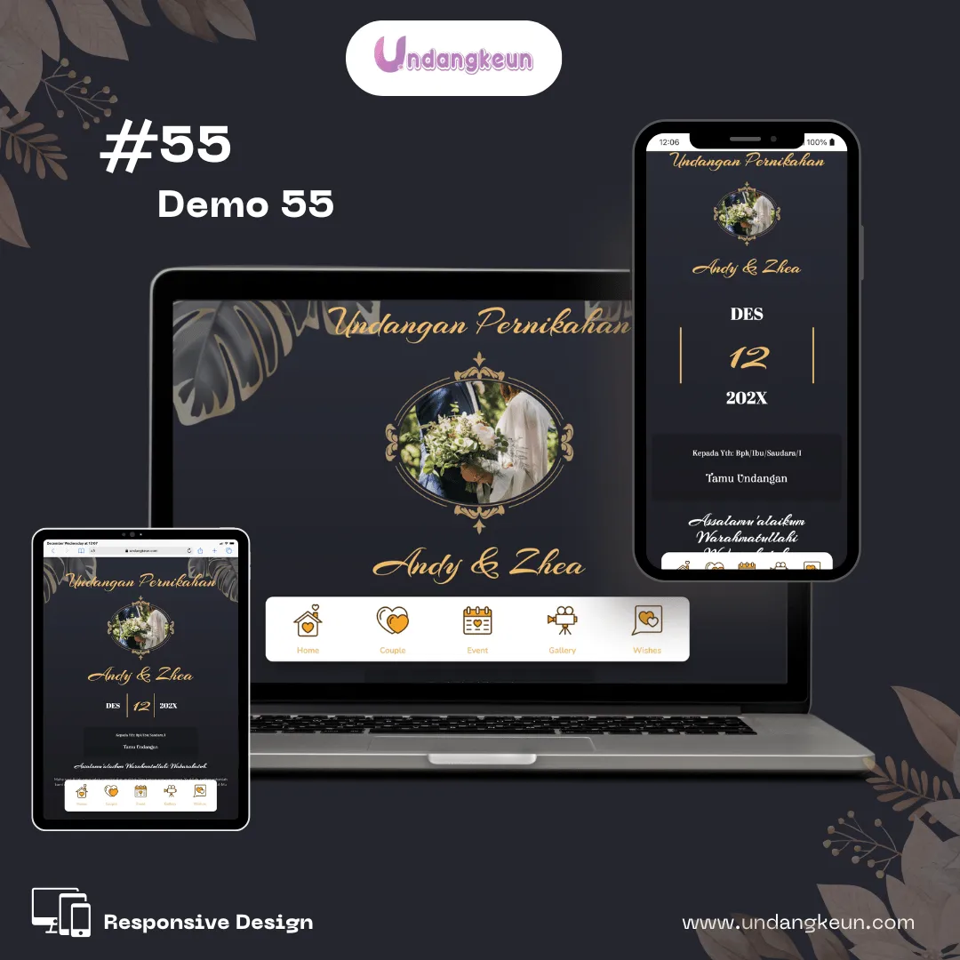 Responsive design mockup of a wedding invitation website titled 'Demo 55' with floral elements and event details.