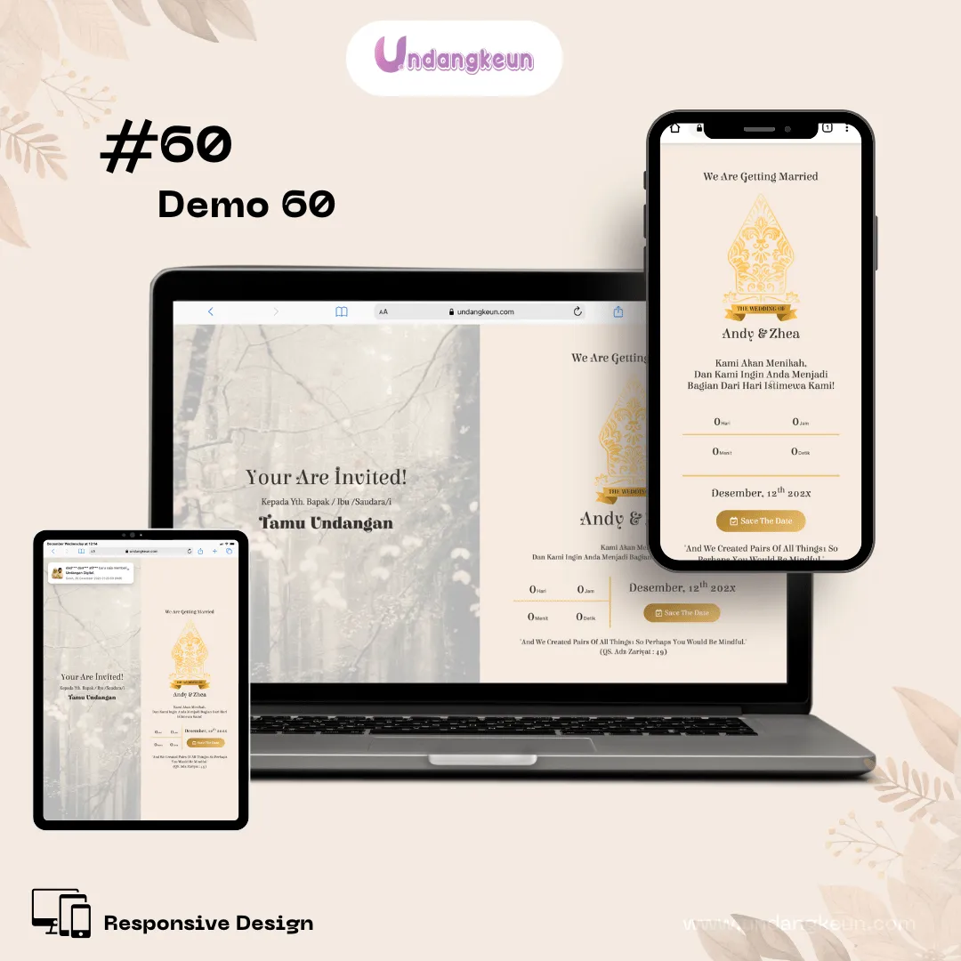 Responsive design mockup of a wedding invitation website displayed on a laptop, tablet, and smartphone.